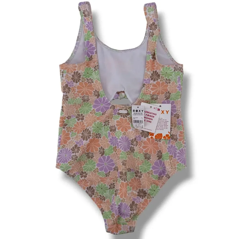 Roxy Girl All About Sol Retro Mod One Piece Swimsuit Size 12 Floral Print Cutout